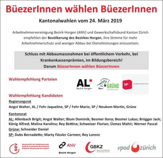 ANV Bezirk Horgen unterstützt AL, Grüne und SP